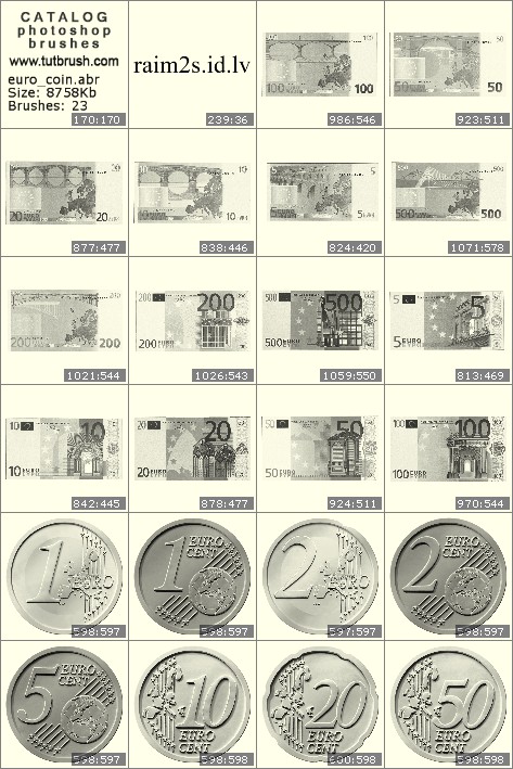 Photoshop brushes Euro coins and paper